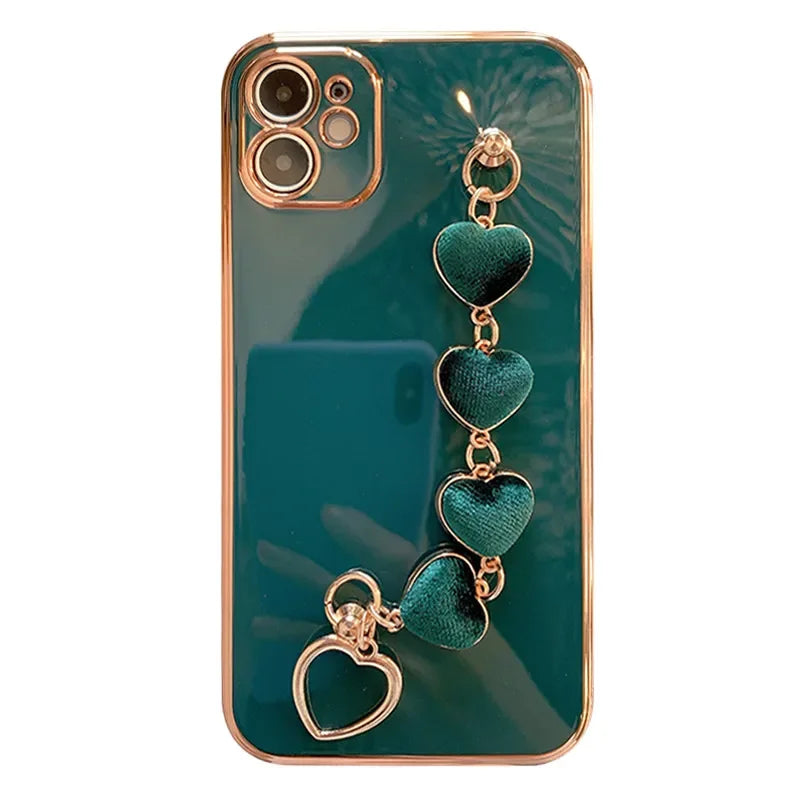 Funda de cadena de teléfono con pulsera de Metal y corazón chapado de lujo para iPhone 15 14 13 Pro Max 12 11 XR XS X 7 8 plus - shopboudount